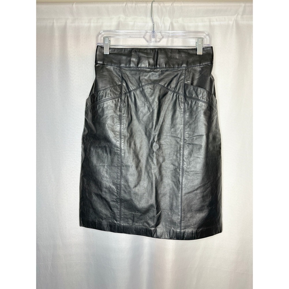 VTG Lerner Woman Black Leather Pencil Skirt, Size 12 Y2K Goth Metal Whimsigoth
